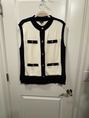 Talbots Black and Cream Sleeveless Knit Cardigan Vest with Gold Buttons NWOT